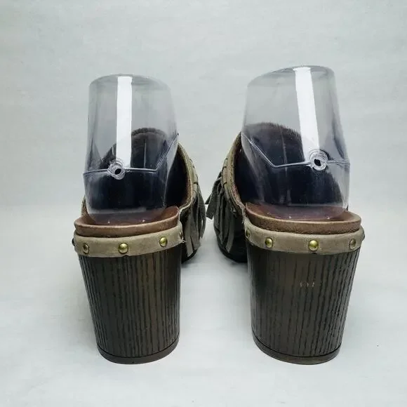 Dansko Deni Taupe Leather Fringe Studded 3” Heel Mule Clog Womens Size 38 US 8 - Picture 8 of 11